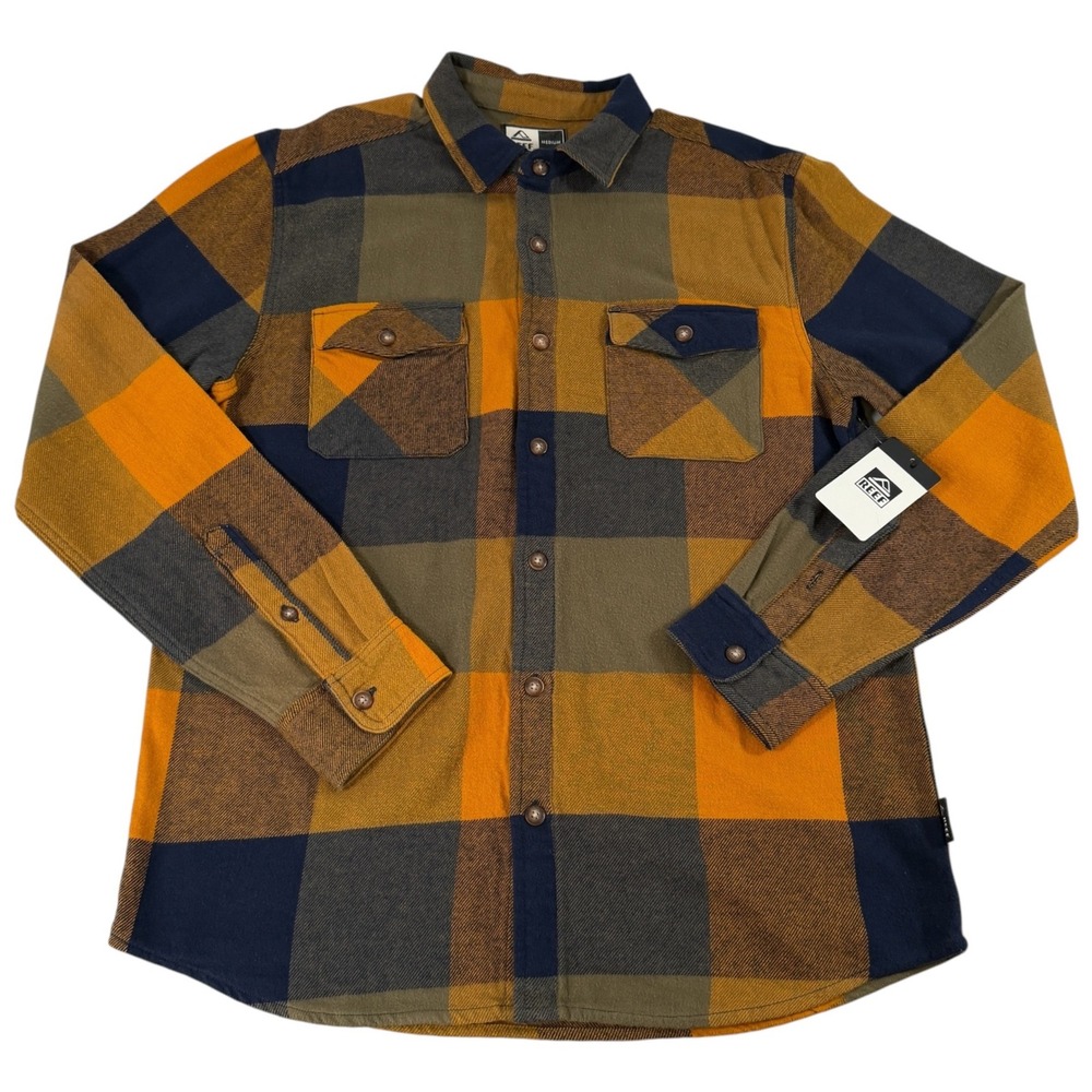 Reef NWTS Mens Flannel Shirt Buckthorn Brown Yellow Plaid Button Down Medium